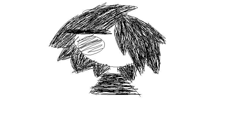 a black-and-white anime-style doodle of a girl. one of her eyes is covered by her spiky black hair. her remaining eye has an unamused expression. she is drawn with no mouth. she is wearing a black shirt.